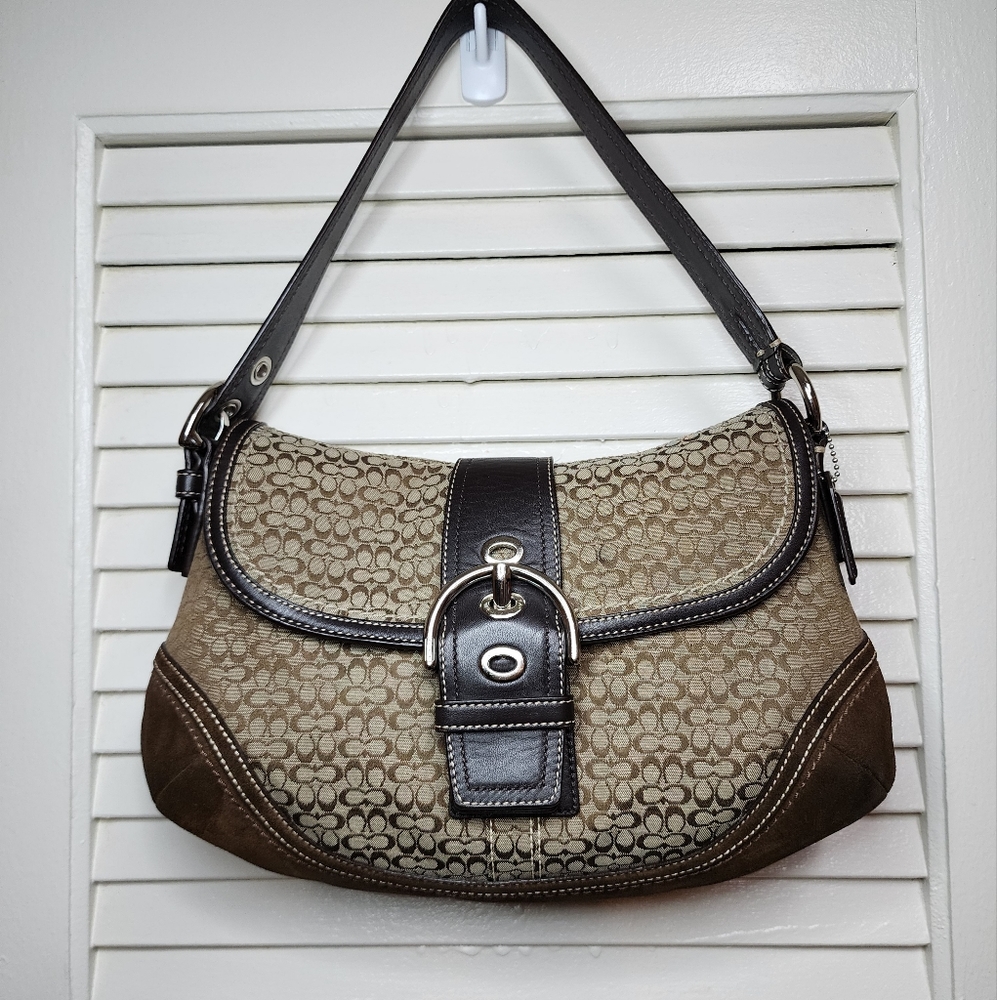 COACH #F10925 Signature Soho Satchel Buckle Flap Shoulder Bag Suede/leather EUC